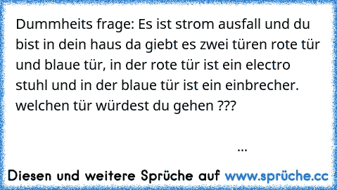 Dummheits frage: Es ist strom ausfall und du bist in dein haus da giebt es zwei türen rote tür und blaue tür, in der rote tür ist ein electro stuhl und in der blaue tür ist ein einbrecher. welchen tür würdest du gehen ???                                                                                                                                                                                ...