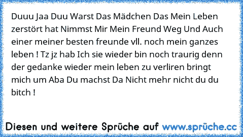 Duuu Jaa Duu Warst Das Mädchen Das Mein Leben zerstört hat Nimmst Mir Mein Freund Weg Und Auch einer meiner besten freunde vll. noch mein ganzes leben ! Tz jz hab Ich sie wieder bin noch traurig denn der gedanke wieder mein leben zu verliren bringt mich um Aba Du machst Da Nicht mehr nicht du du bitch !