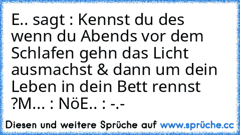 E.. sagt : Kennst du des wenn du Abends vor dem Schlafen gehn das Licht ausmachst & dann um dein Leben in dein Bett rennst ?
M... : Nö
E.. : -.-