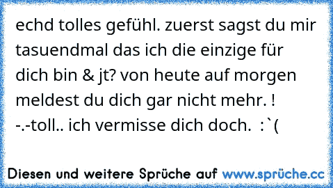 echd tolles gefühl. zuerst sagst du mir tasuendmal das ich die einzige für dich bin & jt? von heute auf morgen meldest du dich gar nicht mehr. !   -.-
toll.. ich vermisse dich doch.  :`(