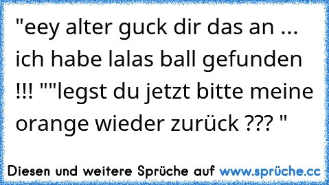 "eey alter guck dir das an ... ich habe lalas ball gefunden !!! "
"legst du jetzt bitte meine orange wieder zurück ??? "