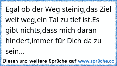 Egal ob der Weg steinig,das Ziel weit weg,ein Tal zu tief ist.Es gibt nichts,dass mich daran hindert,immer für Dich da zu sein...