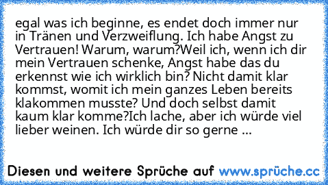 egal was ich beginne, es endet doch immer nur in Tränen und Verzweiflung. Ich habe Angst zu Vertrauen! Warum, warum?
Weil ich, wenn ich dir mein Vertrauen schenke, Angst habe das du erkennst wie ich wirklich bin? Nicht damit klar kommst, womit ich mein ganzes Leben bereits klakommen musste? Und doch selbst damit kaum klar komme?
Ich lache, aber ich würde viel lieber weinen. Ich würde dir so gerne ...