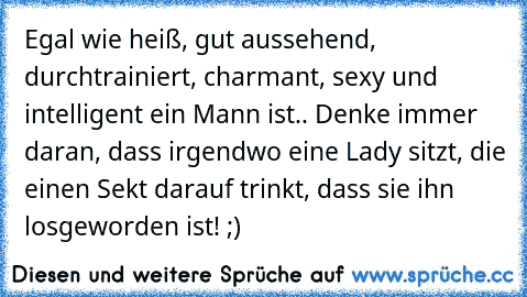 Egal wie heiß, gut aussehend, durchtrainiert, charmant, sexy und intelligent ein Mann ist.. Denke immer daran, dass irgendwo eine Lady sitzt, die einen Sekt darauf trinkt, dass sie ihn losgeworden ist! ;)