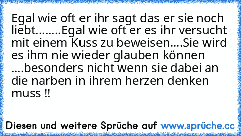 Egal wie oft er ihr sagt das er sie noch liebt........
Egal wie oft er es ihr versucht mit einem Kuss zu beweisen....
Sie wird es ihm nie wieder glauben können ....
besonders nicht wenn sie dabei an die narben in ihrem herzen denken muss !!♥ ♥