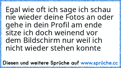 Egal wie oft ich sage ich schau nie wieder deine Fotos an oder gehe in dein Profil am ende sitze ich doch weinend vor dem Bildschirm nur weil ich nicht wieder stehen konnte