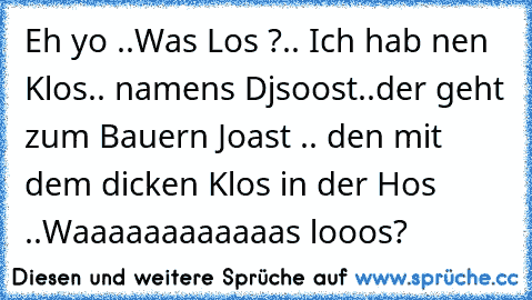 Eh yo ..Was Los ?.. Ich hab nen Klos.. namens Djsoost..der geht zum Bauern Joast .. den mit dem dicken Klos in der Hos ..Waaaaaaaaaaaas looos?