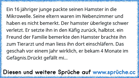 Ein 16 jähriger junge packte seinen Hamster in die Mikrowelle. Seine eltern waren im Nebenzimmer und haben es nicht bemerkt. Der hamster überlegte schwer verletzt. Er setzte ihn in den Käfig zurück, halbtot. ein Freund der Familie bemerkte den Hamster brachte ihn zum Tierarzt und man liess ihn dort einschläfern. 
Das geschah vor einem Jahr wirklich, er bekam 4 Monate im Gefägnis.
Drückt gefällt...