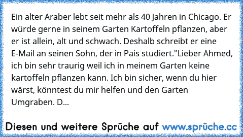 Ein alter Araber lebt seit mehr als 40 Jahren in Chicago. Er würde gerne in seinem Garten Kartoffeln pflanzen, aber er ist allein, alt und schwach. Deshalb schreibt er eine E-Mail an seinen Sohn, der in Pais studiert.
"Lieber Ahmed, ich bin sehr traurig weil ich in meinem Garten keine kartoffeln pflanzen kann. Ich bin sicher, wenn du hier wärst, könntest du mir helfen und den Garten Umgraben. D...