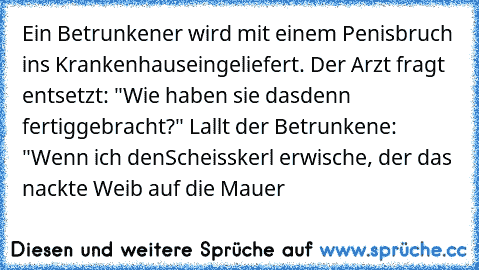 Ein Betrunkener wird mit einem Penisbruch ins Krankenhaus
eingeliefert. Der Arzt fragt entsetzt: "Wie haben sie das
denn fertiggebracht?" Lallt der Betrunkene: "Wenn ich den
Scheisskerl erwische, der das nackte Weib auf die Mauer