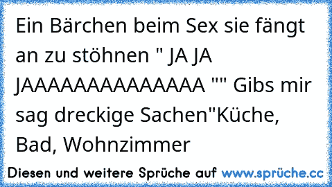 Ein Bärchen beim Sex sie fängt an zu stöhnen
 " JA JA JAAAAAAAAAAAAAA "
" Gibs mir sag dreckige Sachen"
Küche, Bad, Wohnzimmer