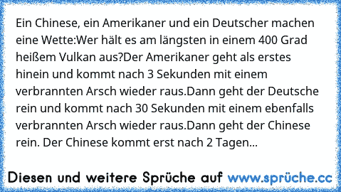 Ein Chinese, ein Amerikaner und ein Deutscher machen eine Wette:
Wer hält es am längsten in einem 400 Grad heißem Vulkan aus?
Der Amerikaner geht als erstes hinein und kommt nach 3 Sekunden mit einem verbrannten Arsch wieder raus.
Dann geht der Deutsche rein und kommt nach 30 Sekunden mit einem ebenfalls verbrannten Arsch wieder raus.
Dann geht der Chinese rein. Der Chinese kommt erst nach 2 Ta...