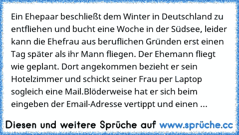 Ein Ehepaar beschließt dem Winter in Deutschland zu entfliehen und bucht eine Woche in der Südsee, leider kann die Ehefrau aus beruflichen Gründen erst einen Tag später als ihr Mann fliegen. Der Ehemann fliegt wie geplant. Dort angekommen bezieht er sein Hotelzimmer und schickt seiner Frau per Laptop sogleich eine Mail.
Blöderweise hat er sich beim eingeben der Email-Adresse vertippt und einen ...