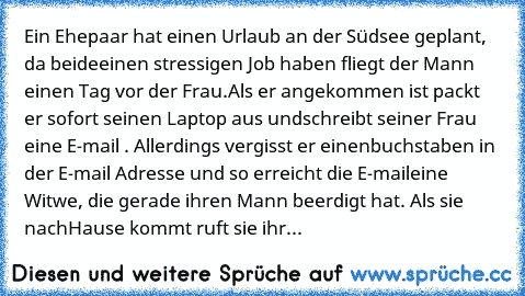 Ein Ehepaar hat einen Urlaub an der Südsee geplant, da beide
einen stressigen Job haben fliegt der Mann einen Tag vor der Frau.
Als er angekommen ist packt er sofort seinen Laptop aus und
schreibt seiner Frau eine E-mail . Allerdings vergisst er einen
buchstaben in der E-mail Adresse und so erreicht die E-mail
eine Witwe, die gerade ihren Mann beerdigt hat. Als sie nach
Hause kommt ruft sie ihre E...