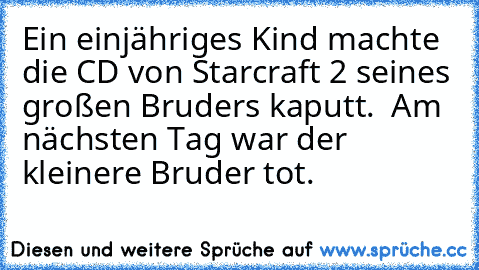 Ein einjähriges Kind machte die CD von Starcraft 2 seines großen Bruders kaputt.
  Am nächsten Tag war der kleinere Bruder tot.