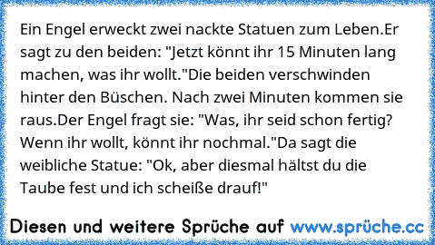 Ein Engel erweckt zwei nackte Statuen zum Leben.
Er sagt zu den beiden: "Jetzt könnt ihr 15 Minuten lang machen, was ihr wollt."
Die beiden verschwinden hinter den Büschen. Nach zwei Minuten kommen sie raus.
Der Engel fragt sie: "Was, ihr seid schon fertig? Wenn ihr wollt, könnt ihr nochmal."
Da sagt die weibliche Statue: "Ok, aber diesmal hältst du die Taube fest und ich scheiße drauf!"