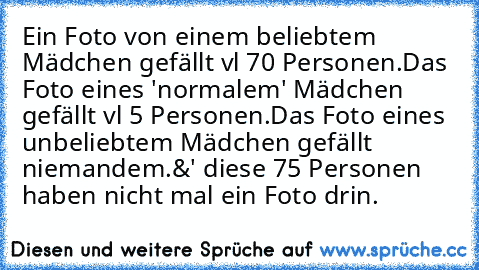 Ein Foto von einem beliebtem Mädchen gefällt vl 70 Personen.
Das Foto eines 'normalem' Mädchen gefällt vl 5 Personen.
Das Foto eines unbeliebtem Mädchen gefällt niemandem.
&' diese 75 Personen haben nicht mal ein Foto drin.