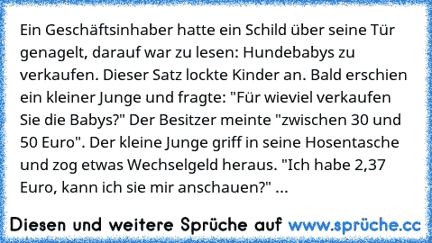 Ein Geschäftsinhaber hatte ein Schild über seine Tür genagelt, darauf war zu lesen: Hundebabys zu verkaufen. Dieser Satz lockte Kinder an. Bald erschien ein kleiner Junge und fragte: "Für wieviel verkaufen Sie die Babys?" Der Besitzer meinte "zwischen 30 und 50 Euro". Der kleine Junge griff in seine Hosentasche und zog etwas Wechselgeld heraus. "Ich habe 2,37 Euro, kann ich sie mir anschauen?" ...