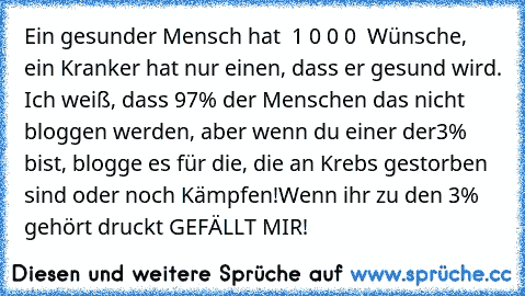 Ein gesunder Mensch hat  1 0 0 0  Wünsche, ein Kranker hat nur einen, dass er gesund wird. Ich weiß, dass 97% der Menschen das nicht bloggen werden, aber wenn du einer der3% bist, blogge es für die, die an Krebs gestorben sind oder noch Kämpfen!
Wenn ihr zu den 3% gehört druckt GEFÄLLT MIR!