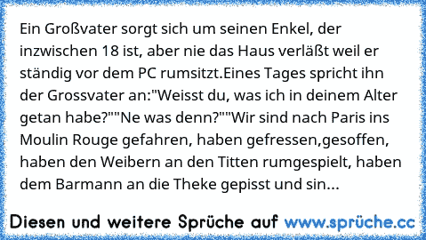 Ein Großvater sorgt sich um seinen Enkel, der inzwischen 18 ist, aber nie das Haus verläßt weil er ständig vor dem PC rumsitzt.
Eines Tages spricht ihn der Grossvater an:
"Weisst du, was ich in deinem Alter getan habe?"
"Ne was denn?"
"Wir sind nach Paris ins Moulin Rouge gefahren, haben gefressen,gesoffen, haben den Weibern an den Titten rumgespielt, haben dem Barmann an die Theke gepisst und ...