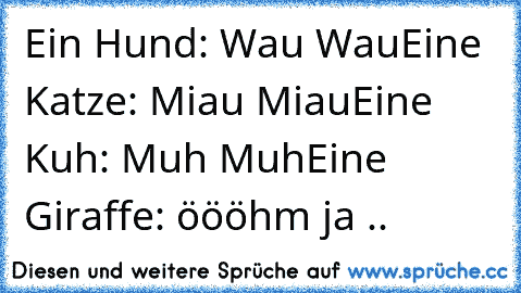 Ein Hund: Wau Wau
Eine Katze: Miau Miau
Eine Kuh: Muh Muh
Eine Giraffe: öööhm ja ..