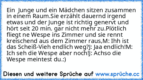 Ein  Junge und ein Mädchen sitzen zusammen in einem Raum.
Sie erzählt dauernd irgend etwas und der Junge ist richtig genervt und hört seit 20 min. gar nicht mehr zu.
Plötlich fliegt ne Wespe ins Zimmer und sie rennt kreischend aus dem Zimmer raus,
M: Ihh ist das Scheiß-Vieh endlich weg?
J: Jaa endlich!
M: Ich seh die Wespe aber noch!
J: Achso die Wespe meintest du.
:)