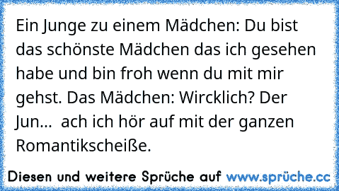 Ein Junge zu einem Mädchen: Du bist das schönste Mädchen das ich gesehen habe und bin froh wenn du mit mir gehst. Das Mädchen: Wircklich? Der Jun...  ach ich hör auf mit der ganzen Romantikscheiße.