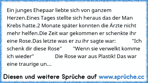 Ein junges Ehepaar liebte sich von ganzem Herzen.
Eines Tages stellte sich heraus das der Man Krebs hatte.2 Monate später konnten die Ärzte nicht mehr helfen.Die Zeit war gekommen er schenkte ihr eine Rose.Das letzte was er zu ihr sagte war:
             "Ich schenk dir diese Rose"
         "Wenn sie verwelkt komme ich wieder"
                 Die Rose war aus Plastik!
 Das war eine traurige un...