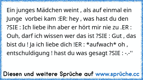 Ein junges Mädchen weint , als auf einmal ein Junge  vorbei kam :
ER: hey , was hast du den ?
SIE : Ich liebe ihn aber er hört mir nie zu .
ER : Ouh, darf ich wissen wer das ist ?
SIE : Gut , das bist du ! Ja ich liebe dich !
ER : *aufwach* oh , entschuldigung ! hast du was gesagt ?
SIE : -.-''