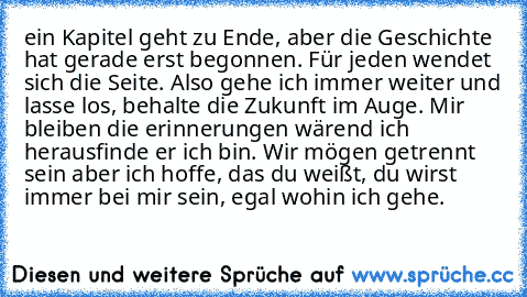 ein Kapitel geht zu Ende, aber die Geschichte hat gerade erst begonnen. Für jeden wendet sich die Seite. Also gehe ich immer weiter und lasse los, behalte die Zukunft im Auge. Mir bleiben die erinnerungen wärend ich herausfinde er ich bin. Wir mögen getrennt sein aber ich hoffe, das du weißt, du wirst immer bei mir sein, egal wohin ich gehe.♥