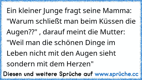 Ein kleiner Junge fragt seine Mamma: "Warum schließt man beim Küssen die Augen??" , darauf meint die Mutter: "Weil man die schönen Dinge im Leben nicht mit den Augen sieht sondern mit dem Herzen"