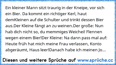 Ein kleiner Mann sitzt traurig in der Kneipe, vor sich ein Bier. Da kommt ein richtiger Kerl, haut dem
Kleinen auf die Schulter und trinkt dessen Bier aus.
Der Kleine fängt an zu weinen.
Der große: Nun hab dich nicht so, du memmiges Weichei! Flennen wegen einem Bier!
Der Kleine: Na dann pass mal auf: Heute früh hat mich meine Frau verlassen, Konto abgeräumt, Haus leer!
Danach habe ich meinen Jo...