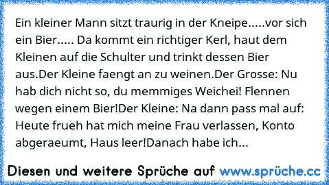 Ein kleiner Mann sitzt traurig in der Kneipe.....vor sich ein Bier..... Da kommt ein richtiger Kerl, haut dem Kleinen auf die Schulter und trinkt dessen Bier aus.
Der Kleine faengt an zu weinen.
Der Grosse: Nu hab dich nicht so, du memmiges Weichei! Flennen wegen einem Bier!
Der Kleine: Na dann pass mal auf: Heute frueh hat mich meine Frau verlassen, Konto abgeraeumt, Haus leer!
Danach habe ich...