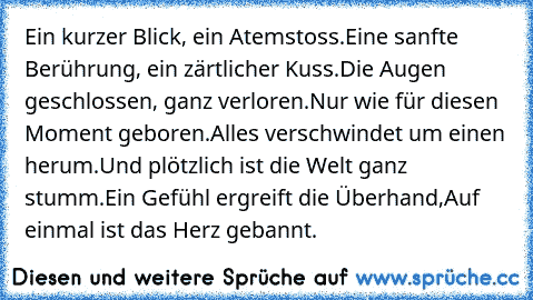 Ein kurzer Blick, ein Atemstoss.
Eine sanfte Berührung, ein zärtlicher Kuss.
Die Augen geschlossen, ganz verloren.
Nur wie für diesen Moment geboren.
Alles verschwindet um einen herum.
Und plötzlich ist die Welt ganz stumm.
Ein Gefühl ergreift die Überhand,
Auf einmal ist das Herz gebannt.