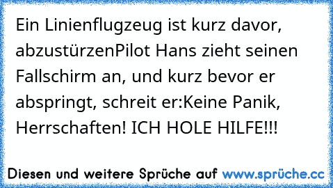 Ein Linienflugzeug ist kurz davor, abzustürzen
Pilot Hans zieht seinen Fallschirm an, und kurz bevor er abspringt, schreit er:
Keine Panik, Herrschaften! ICH HOLE HILFE!!!