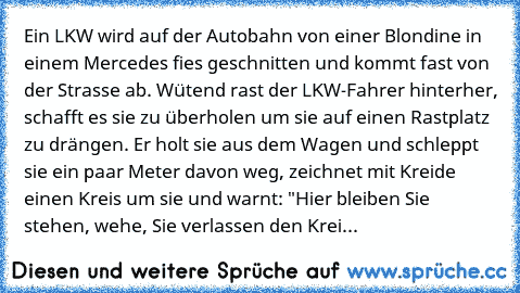 Ein LKW wird auf der Autobahn von einer Blondine in einem Mercedes fies geschnitten und kommt fast von der Strasse ab. Wütend rast der LKW-Fahrer hinterher, schafft es sie zu überholen um sie auf einen Rastplatz zu drängen. Er holt sie aus dem Wagen und schleppt sie ein paar Meter davon weg, zeichnet mit Kreide einen Kreis um sie und warnt: "Hier bleiben Sie stehen, wehe, Sie verlassen den Krei...