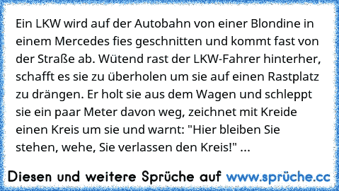 Ein LKW wird auf der Autobahn von einer Blondine in einem Mercedes fies geschnitten und kommt fast von der Straße ab. Wütend rast der LKW-Fahrer hinterher, schafft es sie zu überholen um sie auf einen Rastplatz zu drängen. Er holt sie aus dem Wagen und schleppt sie ein paar Meter davon weg, zeichnet mit Kreide einen Kreis um sie und warnt: "Hier bleiben Sie stehen, wehe, Sie verlassen den Kreis...