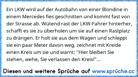 Ein LKW wird auf der Autobahn von einer Blondine in einem Mercedes fies geschnitten und kommt fast von der Strasse ab. Wütend rast der LKW-Fahrer hinterher, schafft es sie zu überholen um sie auf einen Rastplatz zu drängen. Er holt sie aus dem Wagen und schleppt sie ein paar Meter davon weg, zeichnet mit Kreide einen Kreis um sie und warnt: "Hier bleiben Sie stehen, wehe, Sie verlassen den Krei...