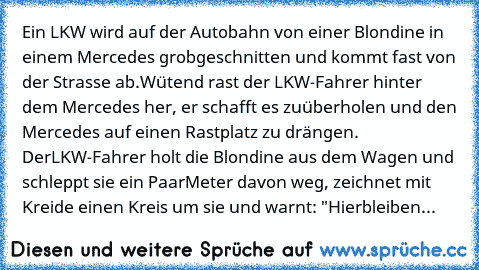 Ein LKW wird auf der Autobahn von einer Blondine in einem Mercedes grob
geschnitten und kommt fast von der Strasse ab.
Wütend rast der LKW-Fahrer hinter dem Mercedes her, er schafft es zu
überholen und den Mercedes auf einen Rastplatz zu drängen. Der
LKW-Fahrer holt die Blondine aus dem Wagen und schleppt sie ein Paar
Meter davon weg, zeichnet mit Kreide einen Kreis um sie und warnt: "Hier
blei...