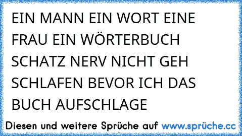 EIN MANN EIN WORT EINE FRAU EIN WÖRTERBUCH 
SCHATZ NERV NICHT GEH SCHLAFEN BEVOR ICH DAS BUCH AUFSCHLAGE