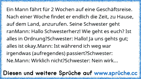 Ein Mann fährt für 2 Wochen auf eine Geschäftsreise. Nach einer Woche findet er endlich die Zeit, zu Hause, auf dem Land, anzurufen. Seine Schwester geht ran…
Mann: Hallo Schwesterherz! Wie geht es euch? Ist alles in Ordnung?
Schwester: Hallo! Ja uns geht’s gut; alles ist okay.
Mann: Ist während ich weg war irgendwas (aufregendes) passiert?
Schwester: Ne.
Mann: Wirklich nicht?
Schwester: Nein w...