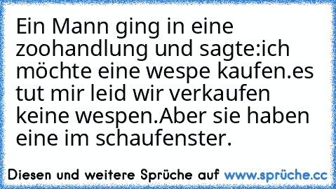 Ein Mann ging in eine zoohandlung und sagte:
ich möchte eine wespe kaufen.
es tut mir leid wir verkaufen keine wespen.
Aber sie haben eine im schaufenster.