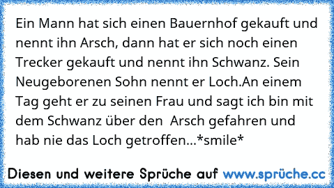 Ein Mann hat sich einen Bauernhof gekauft und nennt ihn Arsch, dann hat er sich noch einen Trecker gekauft und nennt ihn Schwanz. Sein Neugeborenen Sohn nennt er Loch.
An einem Tag geht er zu seinen Frau und sagt ich bin mit dem Schwanz über den  Arsch gefahren und hab nie das Loch getroffen...
*smile*