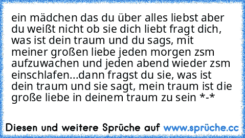 ein mädchen das du über alles liebst aber du weißt nicht ob sie dich liebt fragt dich, was ist dein traum und du sags, mit meiner großen liebe jeden morgen zsm aufzuwachen und jeden abend wieder zsm einschlafen...dann fragst du sie, was ist dein traum und sie sagt, mein traum ist die große liebe in deinem traum zu sein *-*