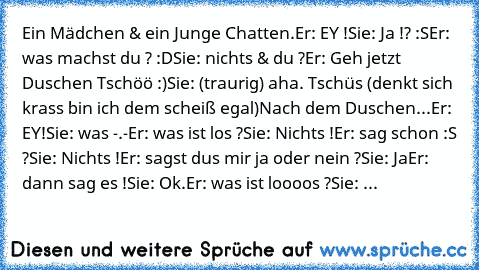 Ein Mädchen & ein Junge Chatten.
Er: EY !
Sie: Ja !? :S
Er: was machst du ? :D
Sie: nichts & du ?
Er: Geh jetzt Duschen Tschöö :)
Sie: (traurig) aha. Tschüs (denkt sich krass bin ich dem scheiß egal)
Nach dem Duschen...
Er: EY!
Sie: was -.-
Er: was ist los ?
Sie: Nichts !
Er: sag schon :S ?
Sie: Nichts !
Er: sagst dus mir ja oder nein ?
Sie: Ja
Er: dann sag es !
Sie: Ok.
Er: was ist loooos ?
Si...