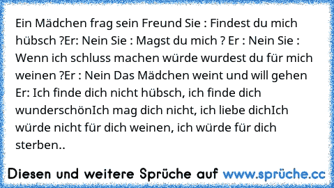 Ein Mädchen frag sein Freund 
Sie : Findest du mich hübsch ?
Er: Nein 
Sie : Magst du mich ? 
Er : Nein 
Sie : Wenn ich schluss machen würde wurdest du für mich weinen ?
Er : Nein 
Das Mädchen weint und will gehen 
Er: Ich finde dich nicht hübsch, ich finde dich wunderschön
Ich mag dich nicht, ich liebe dich
Ich würde nicht für dich weinen, ich würde für dich sterben..♥