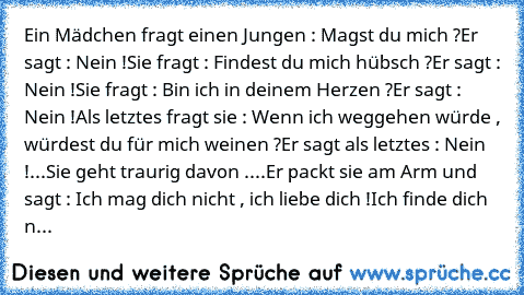 Ein Mädchen fragt einen Jungen : Magst du mich ?
Er sagt : Nein !
Sie fragt : Findest du mich hübsch ?
Er sagt : Nein !
Sie fragt : Bin ich in deinem Herzen ?
Er sagt : Nein !
Als letztes fragt sie : Wenn ich weggehen würde , würdest du für mich weinen ?
Er sagt als letztes : Nein !
...Sie geht traurig davon .
...Er packt sie am Arm und sagt : Ich mag dich nicht , ich liebe dich !
Ich finde dic...