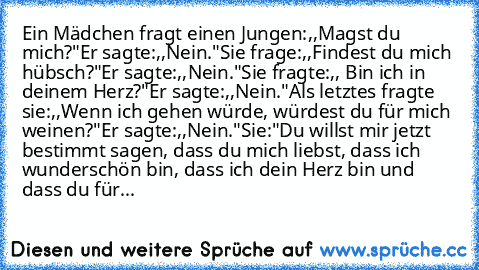 Ein Mädchen fragt einen Jungen:
,,Magst du mich?"
Er sagte:,,Nein."
Sie frage:,,Findest du mich hübsch?"
Er sagte:,,Nein."
Sie fragte:,, Bin ich in deinem Herz?"
Er sagte:,,Nein."
Als letztes fragte sie:,,Wenn ich gehen würde, würdest du für mich weinen?"
Er sagte:,,Nein."
Sie:"Du willst mir jetzt bestimmt sagen, dass du mich liebst, dass ich wunderschön bin, dass ich dein Herz bin und dass du für...