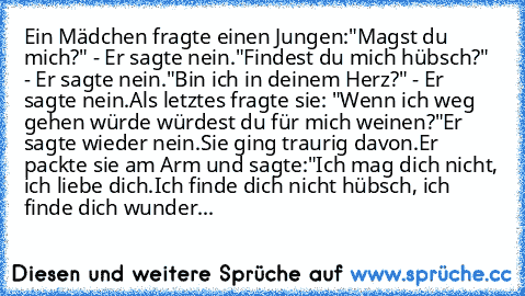 Ein Mädchen fragte einen Jungen:
"Magst du mich?" - Er sagte nein.
"Findest du mich hübsch?" - Er sagte nein.
"Bin ich in deinem Herz?" - Er sagte nein.
Als letztes fragte sie: "Wenn ich weg gehen würde würdest du für mich weinen?"
Er sagte wieder nein.
Sie ging traurig davon.
Er packte sie am Arm und sagte:
"Ich mag dich nicht, ich liebe dich.
Ich finde dich nicht hübsch, ich finde dich wundersch...