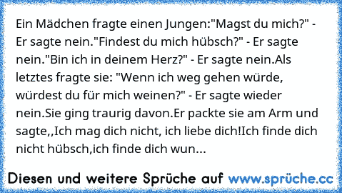 Ein Mädchen fragte einen Jungen:
"Magst du mich?" - Er sagte nein.
"Findest du mich hübsch?" - Er sagte nein.
"Bin ich in deinem Herz?" - Er sagte nein.
Als letztes fragte sie: "Wenn ich weg gehen würde, würdest du für mich weinen?" - Er sagte wieder nein.
Sie ging traurig davon.
Er packte sie am Arm und sagte
,,Ich mag dich nicht, ich liebe dich!
Ich finde dich nicht hübsch,
ich finde dich wun...